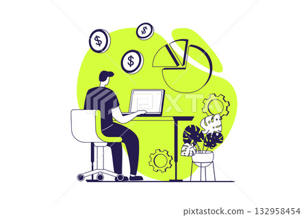 Analyzing budget web concept with flat people for website design. Man working with financial report, researching diagram in laptop, accounting finance earning and savings data. Vector illustration. 132958454