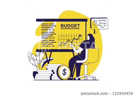 Analyzing budget web concept with flat people for website design. Woman inspecting financial balance report with arrow growth graph, accounting earning performances infographic. Vector illustration. 132958459