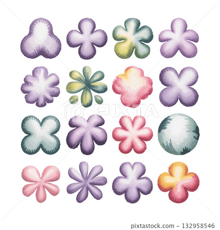 Colorful flower patterns with various designs showcasing a range of shapes and colors on a white background 132958546