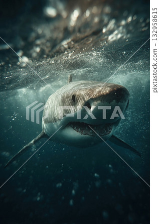 Shark leaping from ocean surface in dramatic underwater moment showcasing its power and grace Shark leaping from ocean surface in dramatic underwater moment showcasing its power and grace 132958615