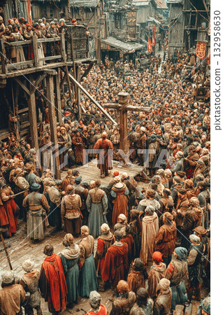 Crowd witnesses medieval executioner ready for punishment on scaffold during public spectacle Crowd witnesses medieval executioner ready for punishment on scaffold during public spectacle 132958630