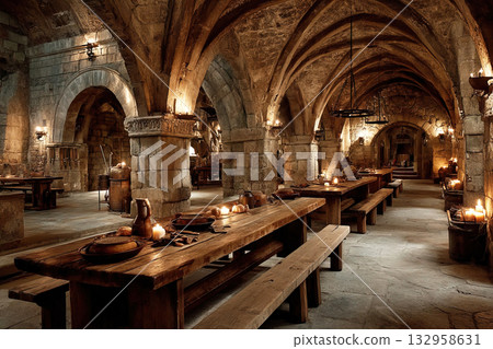 Medieval dining hall interior featuring rustic wooden tables and atmospheric stone architecture Medieval dining hall interior featuring rustic wooden tables and atmospheric stone architecture 132958631