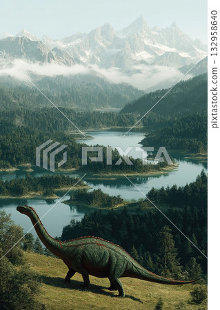 Ignavusaurus explores a serene landscape of lakes and forests with majestic mountains 132958640