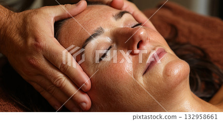 Relaxation during a therapeutic head massage at a wellness studio in the afternoon Relaxation during a therapeutic head massage at a wellness studio in the afternoon 132958661