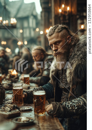 Vikings enjoy hearty drinks and camaraderie in a lively tavern atmosphere 132958664