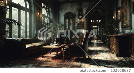 Elegant vintage interior with rich textures and warm lighting in a cozy living area 132958687