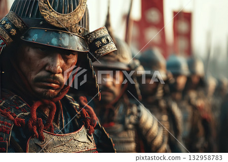 Japanese samurai warriors in battle ready for combat in a historical conflict setting 132958783