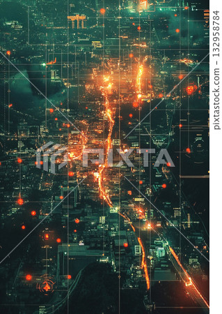 Military operations highlighted by satellite surveillance technology in urban environment 132958784