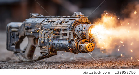 Modern American grenade launcher fires in action during military training exercise 132958796