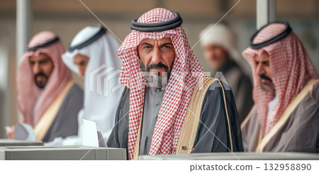 Elderly Arab man participating in elections at a polling station with other voters in attendance 132958890