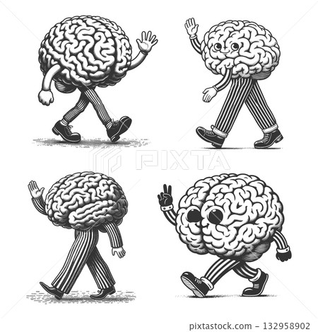 Cartoon Brains Walking and Waving set raster 132958902