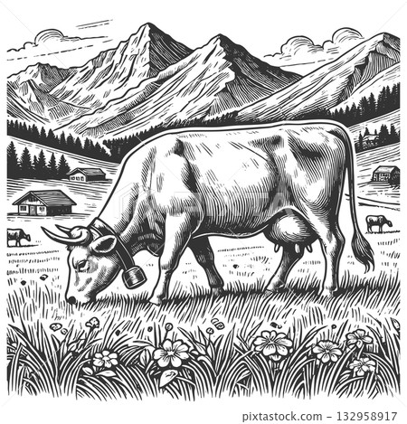 Grazing Cow in Mountain Landscape engraving raster 132958917
