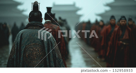 Historical gathering of scholars in traditional robes during a foggy day in an ancient city 132958933