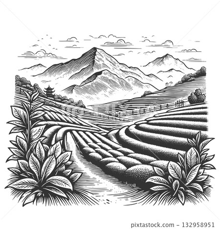 tea plantation engraving raster illustration tea plantation engraving raster illustration 132958951