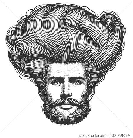 Man with Exaggerated Voluminous Hair engraving Man with Exaggerated Voluminous Hair engraving 132959039