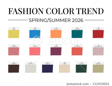 Fashion Color Trend Spring - Summer 2026. Trendy colors palette guide. Fabric swatches with color names. Vector template for your creative designs. Fashion Color Trend Spring - Summer 2026. Trendy colors palette guide. Fabric swatches with color names. Vector template for your creative designs. 132959091