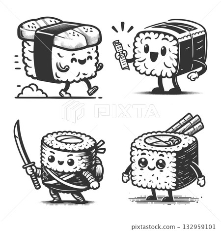 Cute Cartoon Sushi Characters set vector Cute Cartoon Sushi Characters set vector 132959101