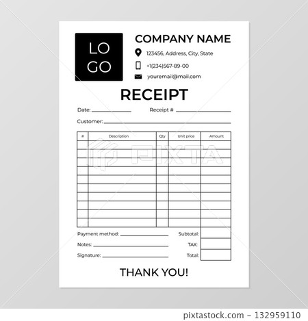 Receipt vector template. Minimal design payment bill. Corporate stationery layout. Financial document. Blank paper page on gray background. 132959110
