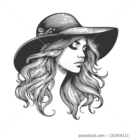 Romantic Woman with Hat vector illustration 132959111