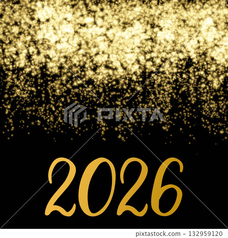 2026 calligraphy hand lettering on shiny gold sparkles background. New Year typography poster. Vector template for banner, sign, greeting card, invitation, etc. 132959120