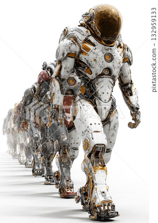 Group of advanced cyborgs and exoskeletons walking in precision formation on white background 132959133