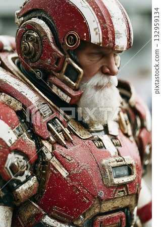 Chrome exoskeleton Santa Claus showcasing advanced robot technology in a festive setting Chrome exoskeleton Santa Claus showcasing advanced robot technology in a festive setting 132959134