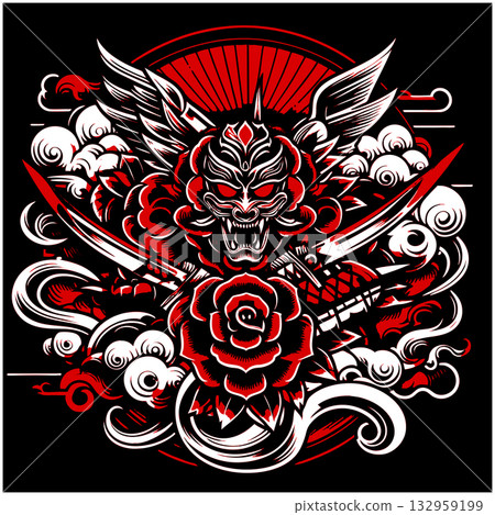 Demonic Skull and Rose Tattoo Design with Oni Mask Demonic Skull and Rose Tattoo Design with Oni Mask 132959199