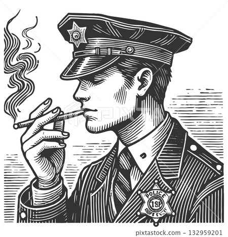 Police Officer Smoking a Cigar engraving raster 132959201
