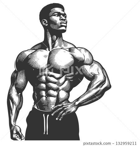 Muscular Bodybuilder Posing engraving vector 132959211