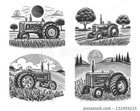 Tractors Working on Farmland set vector collection 132959215