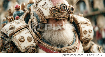 Robot Santa Claus with chrome exoskeleton near a quantum fir decorated for New Year celebrations Robot Santa Claus with chrome exoskeleton near a quantum fir decorated for New Year celebrations 132959217