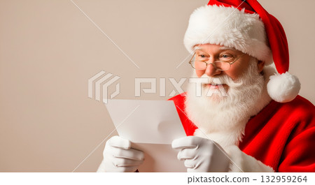 Santa Claus reading a letter with a smile, Christmas holiday concept Santa Claus reading a letter with a smile, Christmas holiday concept 132959264