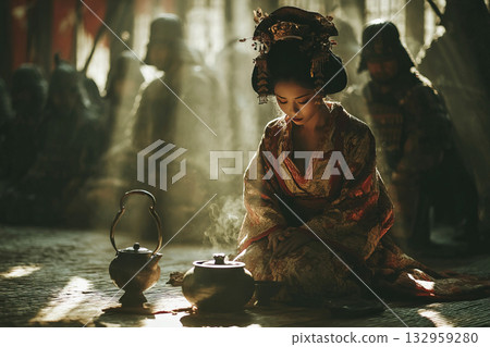 Geisha performs tea ceremony in sunlit room with samurai army in background 132959280
