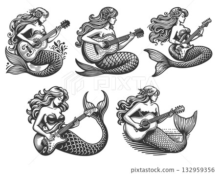 Mermaids Playing Guitars set raster collection 132959356