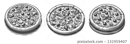 Pizza with Ingredients Kitchen Tools raster set 132959407