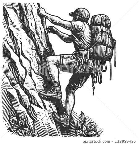 Man Rock Climbing on Steep Cliff Face raster 132959456