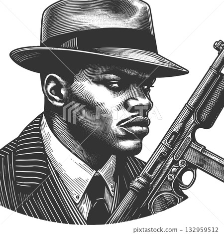 Gangster with machine gun raster illustration Gangster with machine gun raster illustration 132959512