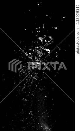 Freeze Motion Shot of Breaking Real Glass Isolated on Black Background 132959513