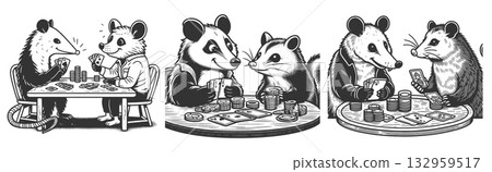 Opossums Playing Poker engraving set raster 132959517