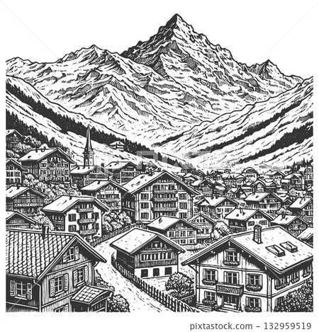 Alpine Village with Mountains and Lake raster 132959519