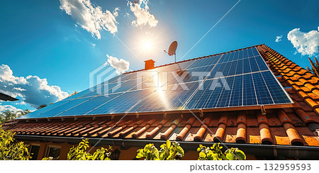 Solar panel on the roof of a private house, renewable alternative technology green energy. 132959593