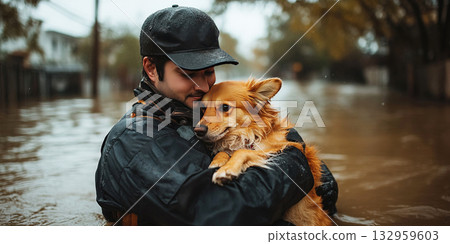 Tired rescuer carries scared dog during city flood rescue operation in challenging conditions. Header banner mockup with copy space. Tired rescuer carries scared dog during city flood rescue operation in challenging conditions. Header banner mockup with copy space. 132959603