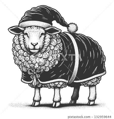 Festive Sheep in Santa Outfit engraving vector 132959644