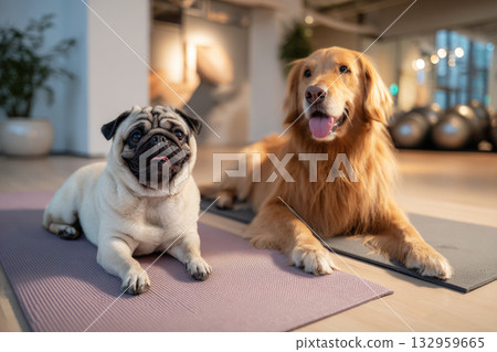 A pug and a golden retriever sit on their respective mats in a contemporary indoor fitness area designed for canine training and rehabilitation. The setting promotes healthy interaction 132959665