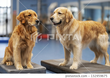 Two golden retrievers participate in a fitness session at a vibrant indoor dog training studio, focusing on balance and exercise to enhance their mobility and well-being 132959675