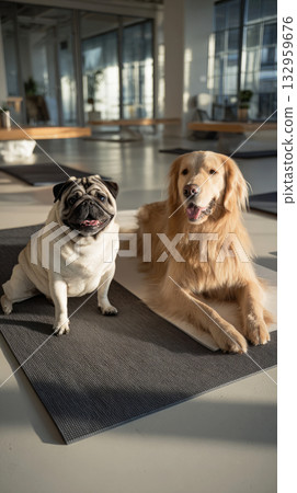 In a bright and spacious fitness center, a pug and a golden retriever relax on separate mats, showcasing their companionship during a wellness and training session 132959676