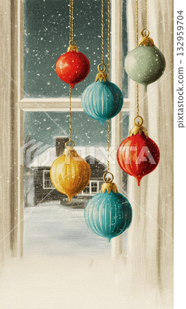 Colorful vintage Christmas ornaments sway gently as snow falls outside. The scene evokes warmth and nostalgia, celebrating holiday cheer from the 50s and 60s with festive brightness 132959704