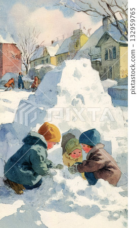 Children in colorful jackets create an igloo from fresh snow in a winter wonderland. Houses are visible in the background, with a bright sunny sky enhancing the festive atmosphere 132959765