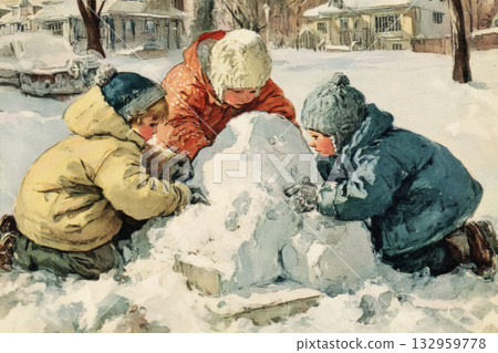 Children in colorful jackets create an igloo from fresh snow in a winter wonderland. Houses are visible in the background, with a bright sunny sky enhancing the festive atmosphere 132959778