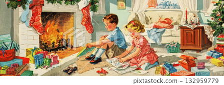 Two young boys excitedly unwrap Christmas presents on a festive morning. The room is filled with colorful gifts and holiday decorations, creating a warm, nostalgic atmosphere, banner 132959779